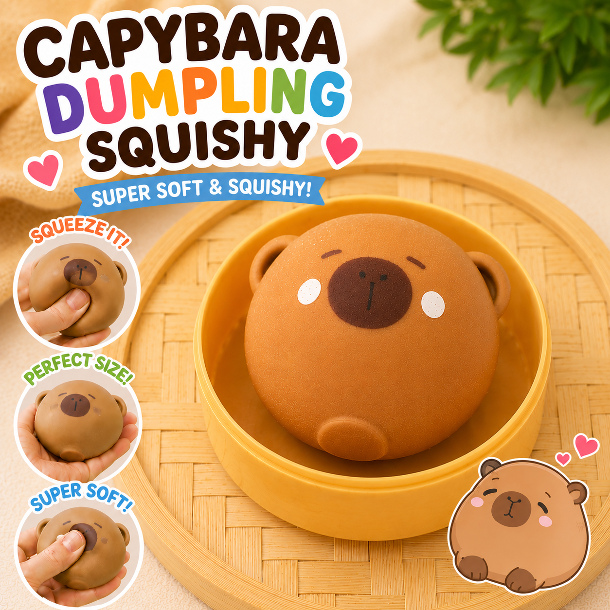 Brauner Capybara-Dumpling-Squishy mit niedlichem Gesicht in einer gelben Schale – weiches Kawaii-Quetschspielzeug zum Drücken und Spielen.