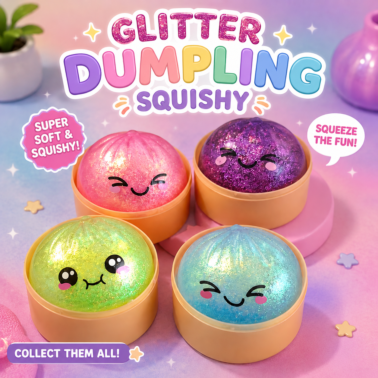 Glitzernde Dumpling-Squishys mit Kawaii-Gesichtern in Rosa, Lila, Grün und Blau – weiche Quetschspielzeuge in kleinen Schalen.