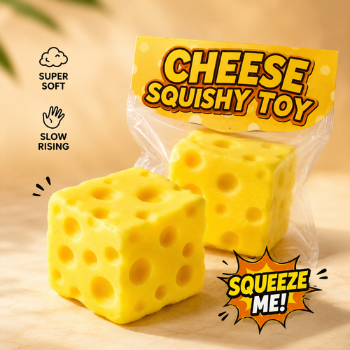 Zwei weiche Käse-Squishys in Form gelber Käsewürfel mit Löchern – langsam aufsteigende Quetschspielzeuge in Verpackung.