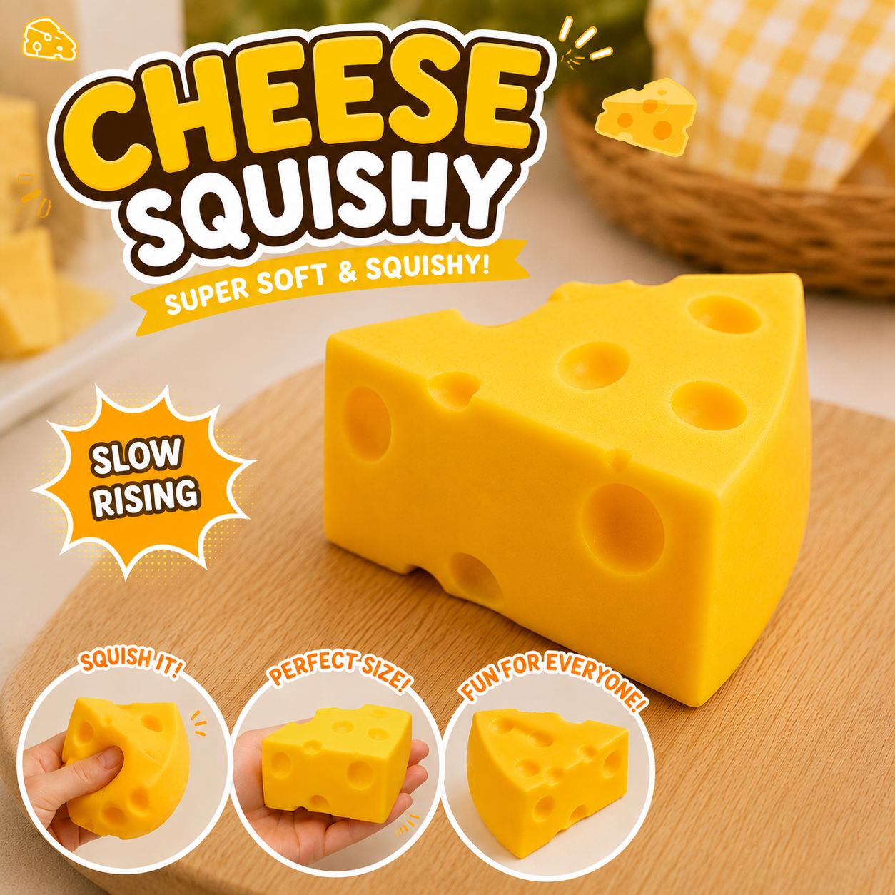 Weicher Käse-Squishy in Form eines gelben Schweizer Käsewürfels mit Löchern – langsam aufsteigendes Anti-Stress-Quetschspielzeug.