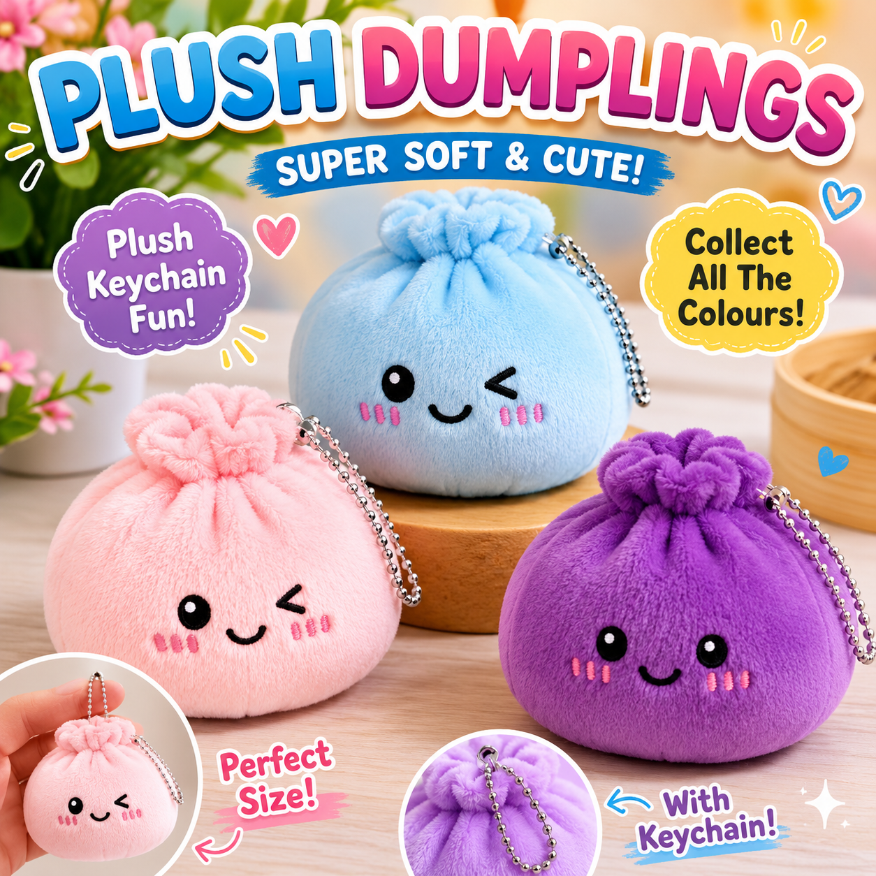 Weiche Plüsch-Dumpling-Anhänger mit Kawaii-Gesichtern in Rosa, Hellblau und Lila – kleine Schlüsselanhänger mit Metallkette.