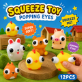 Weiche Quetschfiguren mit herausploppenden Augen im 12er-Set: Küken, Hase, Bär, Schwein und Katze als farbenfrohe Anti-Stress-Spielzeuge.