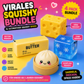 Vier Squishy-Spielzeuge im Bundle: Käsewürfel, Butterblock, transparenter blauer Cube-Squishy und Dumpling-Squishy in einer Schale.