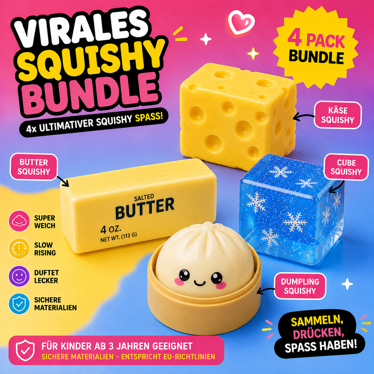 Vier Squishy-Spielzeuge im Bundle: Käsewürfel, Butterblock, transparenter blauer Cube-Squishy und Dumpling-Squishy in einer Schale.